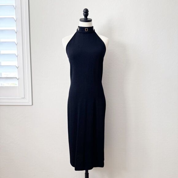 Vintage 90s St. John Black Santana Knit Halter Midi Dress Size 6 - Picture 2 of 12